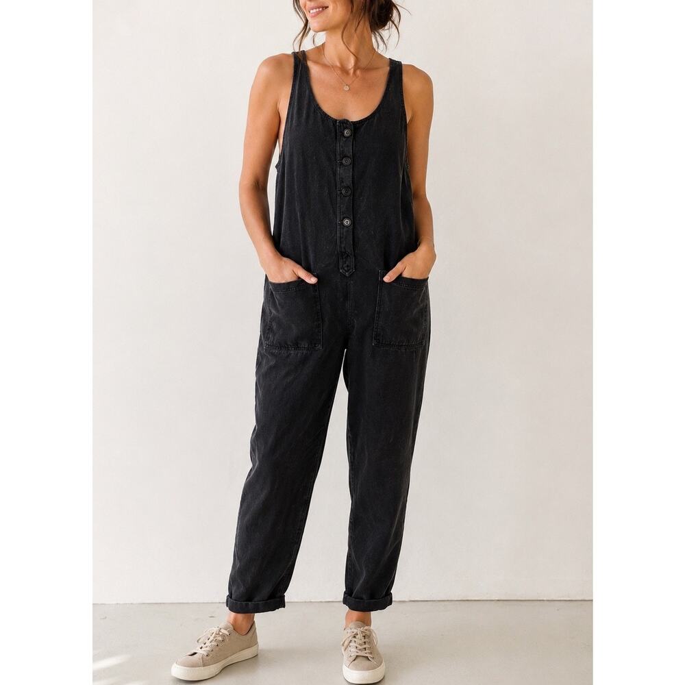 Jungmaven Black Hemp Organic Cotton Button Front Overalls Jumpsuit Women’s M USA
